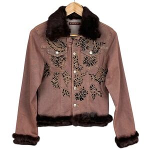 Barami Beaded Faux Fur Trim Denim Jacket Womens S Floral Applique Y2K Statement